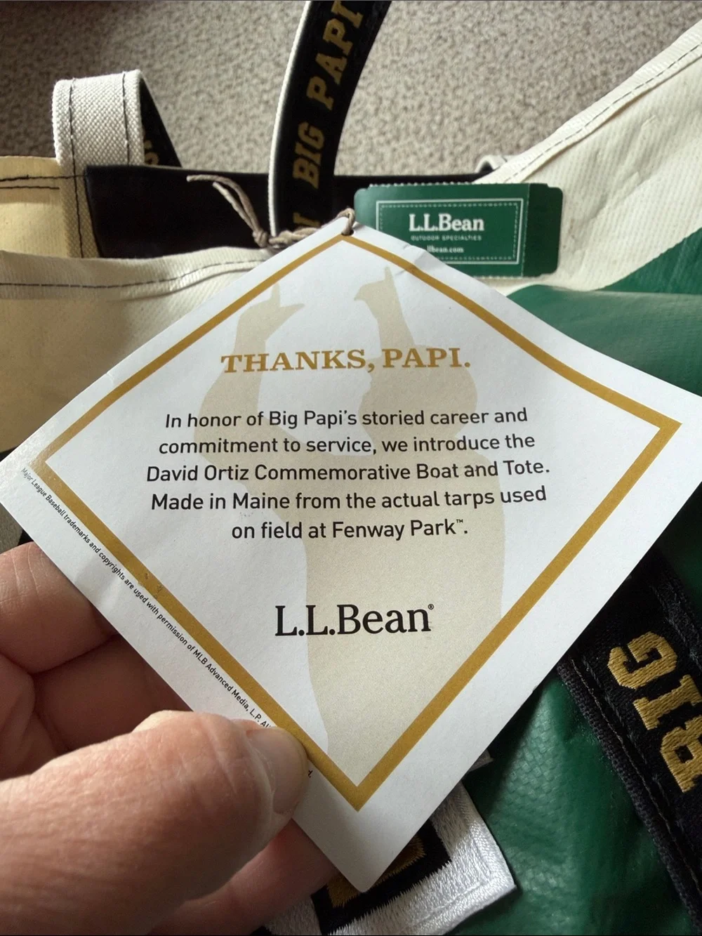 L.L. Bean Big Papi #34 Red Sox Collectible Green, White and Black Tote Bag